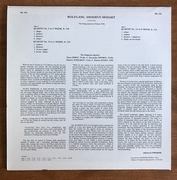 Wolfgang Amadeus Mozart, The Bulgarian Quartet*, Dimo Dimov (2), Alexandre Thomov, Dimitre Kosev, Dimitre Tchilikov : The String Quartets: Volume VIII (LP)