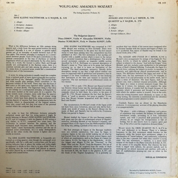 Wolfgang Amadeus Mozart, The Bulgarian Quartet*, Dimo Dimov (2), Alexandre Thomov, Dimitre Tchilikov, Dimitre Kosev : The String Quartets: Volume X (LP)