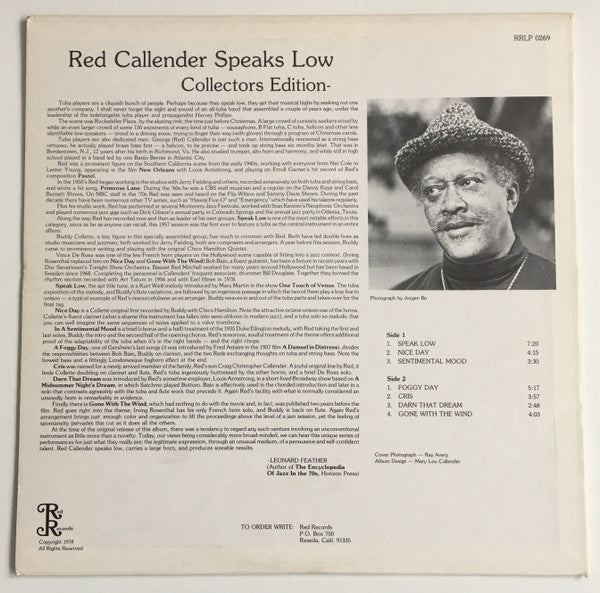 Red Callender : Speaks Low (Collectors Edition) (LP)