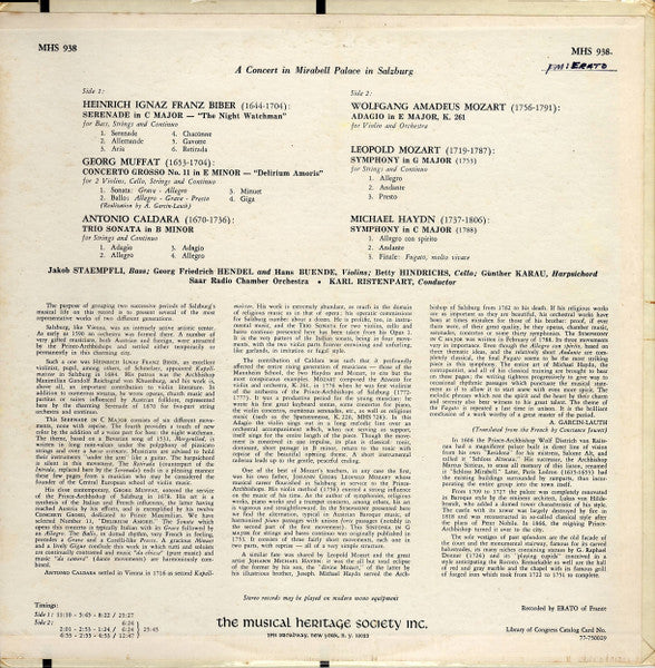 Heinrich Biber*, Georg Muffat, Antonio Caldara, Wolfgang Amadeus Mozart, Leopold Mozart, Michael Haydn - Jakob Staempfli*, Georg Friedrich Hendel, Saar Radio Chamber Orchestra* Conductor Karl Ristenpart : A Concert In Mirabell Palace In Salzburg (LP)