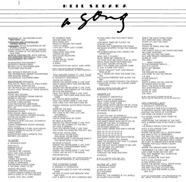 Neil Sedaka : A Song (LP, Album)