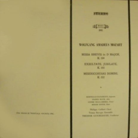 Wolfgang Amadeus Mozart - Rotraud Hansmann , Soprano / Ingrid Mayr , Alto / André Mallabrera , Tenor / Roger Soyer , Bass / Philippe Caillard Choir* / Vienna Baroque Ensemble* / Theodor Guschlbauer : Missa Brevis In D Major, K. 194 / Exsultate, Jubilitate, K. 165 / Misericodias Domini, K. 222 (LP, Album)
