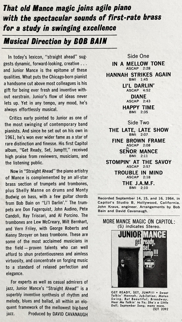 Junior Mance : Straight Ahead! (LP, Album, Mono)