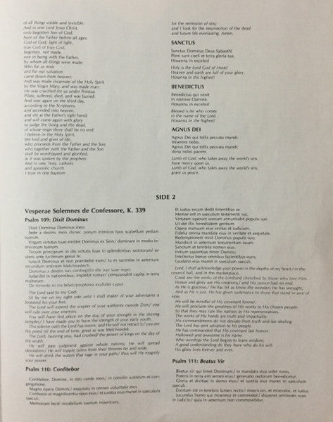 Wolfgang Amadeus Mozart : Vesperae Solemnes De Confessore In C Major, K. 339 / Ave Verum Corpus, K. 618 / Missa Brevis ("Sparrow Mass") In C Major, K. 220 (LP, Album, RE)