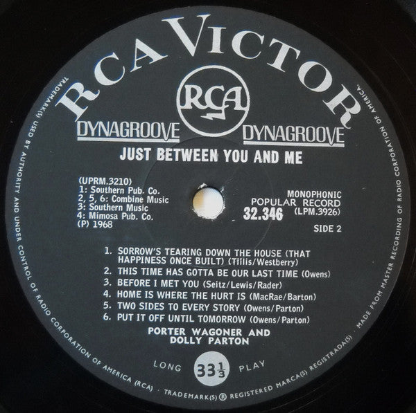Porter Wagoner And Dolly Parton : Just Between You And Me (LP, Album, Mono)