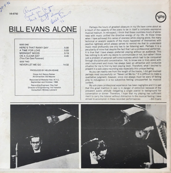 Bill Evans : Alone (LP, Album, RE)