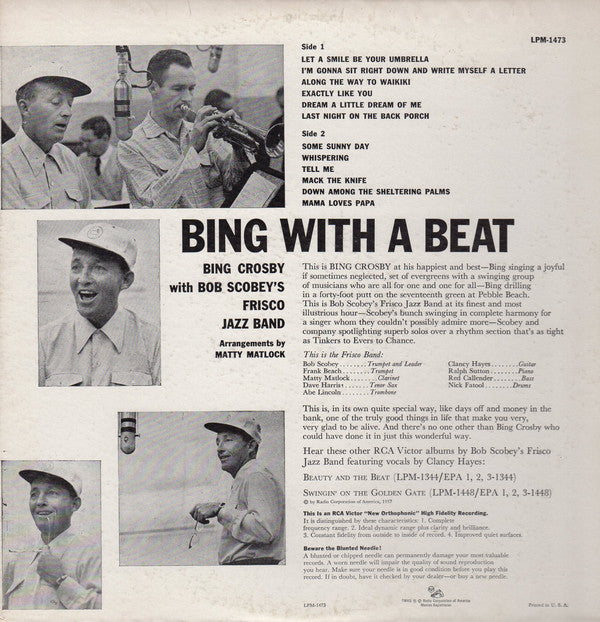 Bing Crosby With Bob Scobey's Frisco Jazz Band* : Bing With A Beat (LP, Album, Mono, Ind)