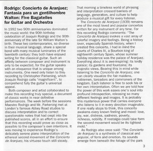 Rodrigo*, Walton*, Christopher Parkening, Royal Philharmonic Orchestra · Andrew Litton : Concierto De Aranjuez / Fantasia Para Un Gentilhombre / Five Bagatelles For Guitar And Orchestra (CD, Album, Club)
