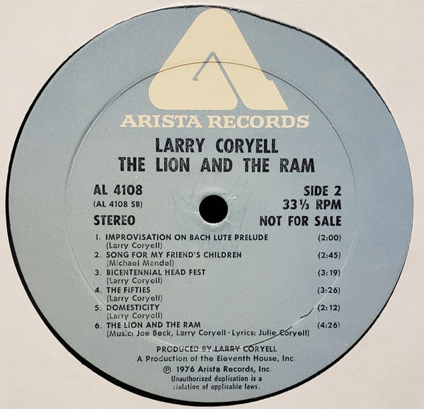 Larry Coryell : The Lion And The Ram (LP, Album, Promo, Wad)