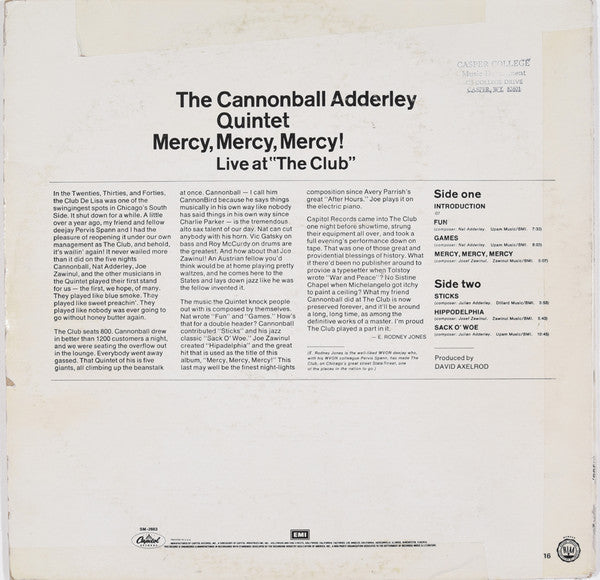 The Cannonball Adderley Quintet : Mercy, Mercy, Mercy! (Live At "The Club") (LP, Album, RE, Jac)