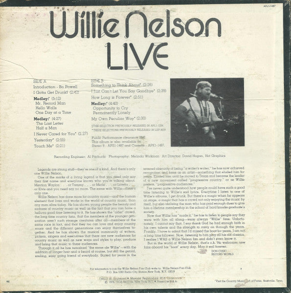 Willie Nelson : Willie Nelson Live (LP, Album, Comp, RP, Ind)