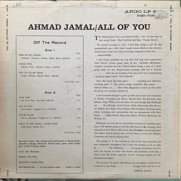 Ahmad Jamal : All Of You (LP, Album, Mono, RCA)
