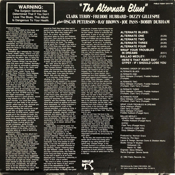 Clark Terry • Freddie Hubbard • Dizzy Gillespie plus Oscar Peterson • Ray Brown • Joe Pass • Bobby Durham : The Alternate Blues (LP, Album)