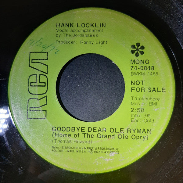 Hank Locklin : Just Call Me Darling / Goodbye Dear Ole Ryman (Home Of The Grand Ole Opry) (7", Single, Mono, Promo)