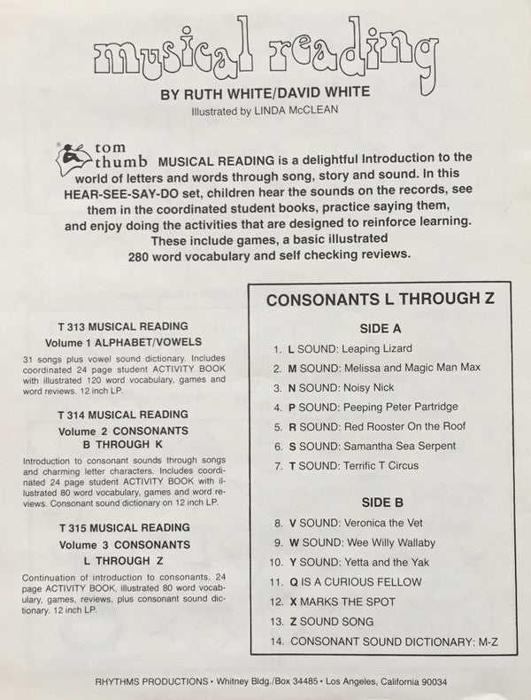 Ruth White & David White : Musical Reading: Consonants L Through Z (LP)