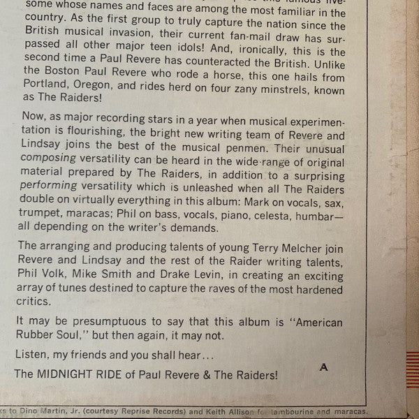 Paul Revere & The Raiders : Midnight Ride (LP, Album, Mono, A)