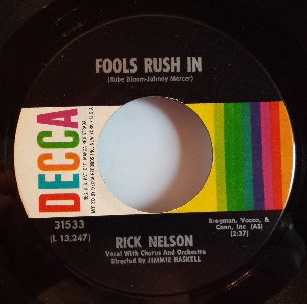 Rick Nelson* : Fools Rush In / Down Home (7", Single, Glo)