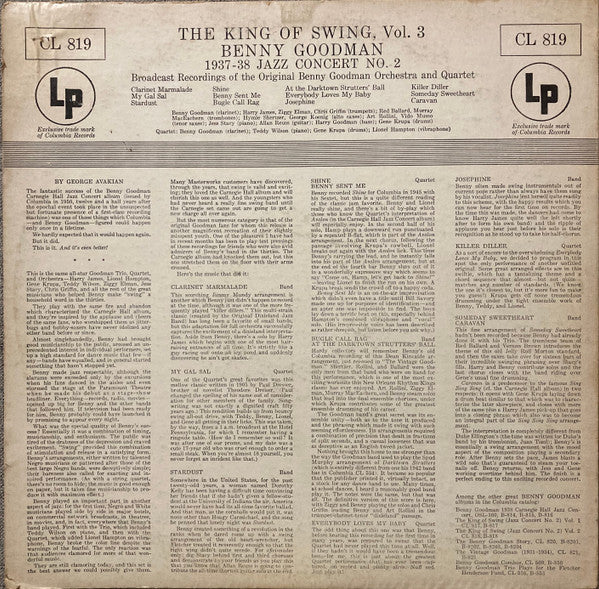 Benny Goodman And His Original Orchestra* And Quartet* : 1937-38 Jazz Concert No. 2 - The King Of Swing Vol. 3 (LP, Album, Mono, RP)