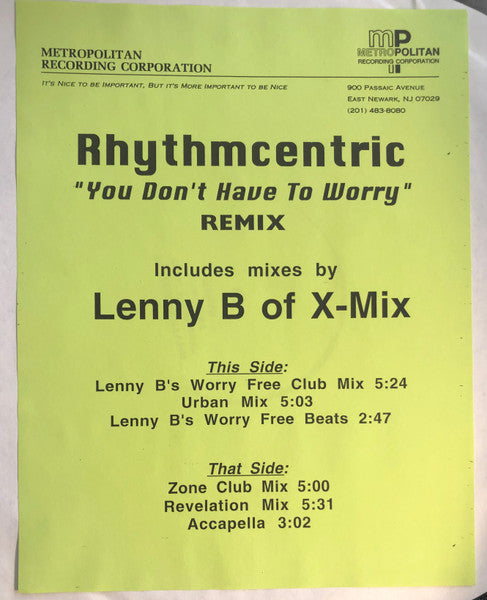 Rhythmcentric (2) : You Don't Have To Worry (Remix) (12", W/Lbl)