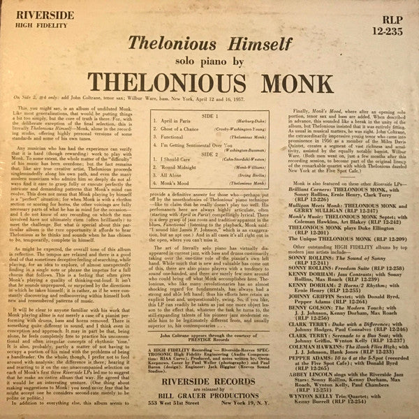 Thelonious Monk : Thelonious Himself (LP, Album, Mono, RP)