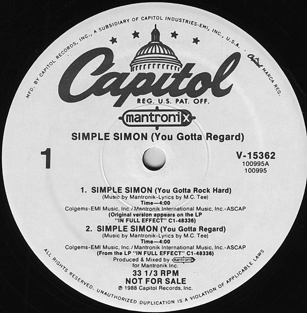Mantronix : Simple Simon (You Gotta Regard) (12", Promo)