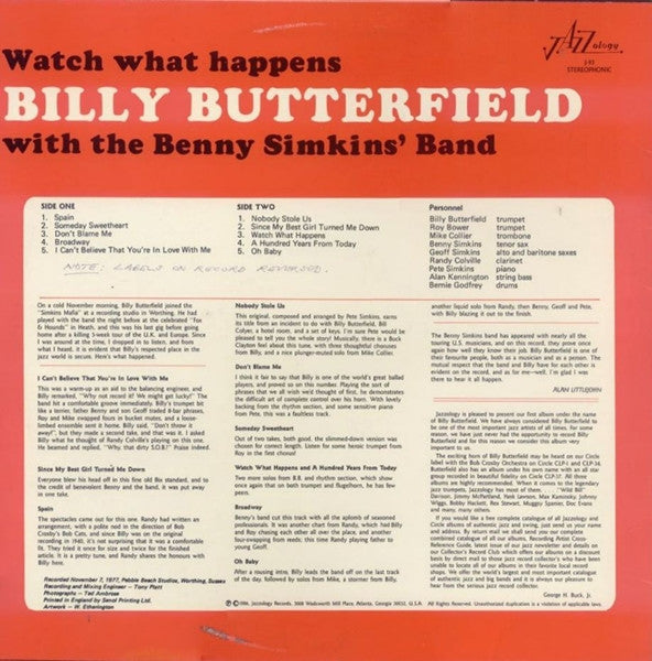 Billy Butterfield With The Benny Simkins' Band : Watch What Happens (LP, Album)