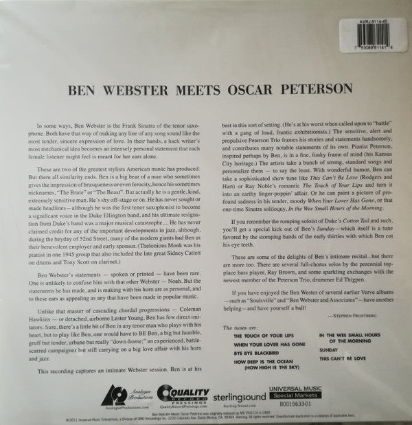 Ben Webster Meets Oscar Peterson : Ben Webster Meets Oscar Peterson (2x12", Album, Ltd, RE, RM, 200)