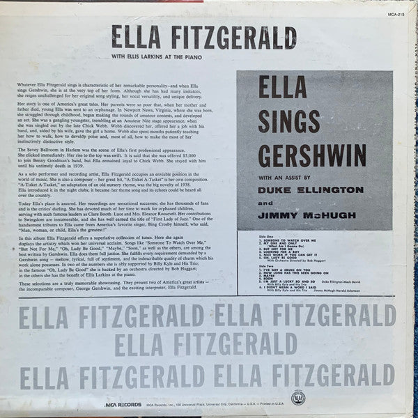 Ella Fitzgerald, Ellis Larkins At The Piano* : Ella Sings Gershwin (With An Assist By Duke Ellington And Jimmy McHugh) (LP, Album, RE, Pin)