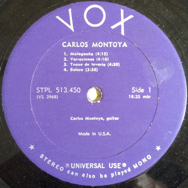 Carlos Montoya : Carlos Montoya Plays Malagueña, 2 Sets Of Variaciones, Toque De Lavarte, Bolero, Alegria, Farruca, Zambrilla, Chufla (LP)
