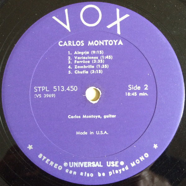 Carlos Montoya : Carlos Montoya Plays Malagueña, 2 Sets Of Variaciones, Toque De Lavarte, Bolero, Alegria, Farruca, Zambrilla, Chufla (LP)