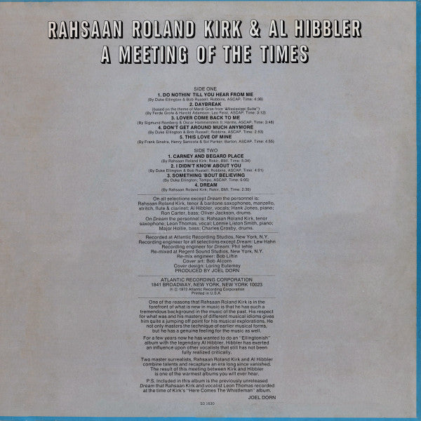 Rahsaan Roland Kirk* & Al Hibbler : A Meeting Of The Times (LP, Album, Pre)