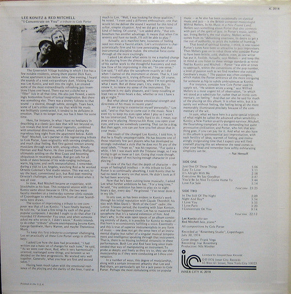 Lee Konitz & Red Mitchell : I Concentrate On You (A Tribute To Cole Porter) (LP, Album)