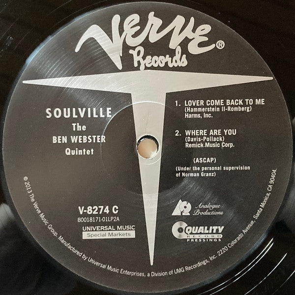 The Ben Webster Quintet : Soulville (2x12", Album, Mono, RE, RM, 200)