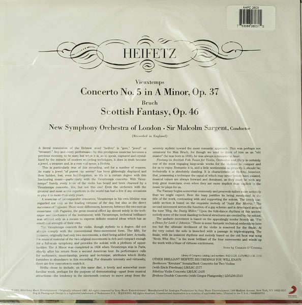 Heifetz*, Bruch*, Vieuxtemps*, New Symphony Orchestra Of London*, Sir Malcolm Sargent : Scottish Fantasy · Concerto No. 5 (LP, Ltd, RE, RM, 180)