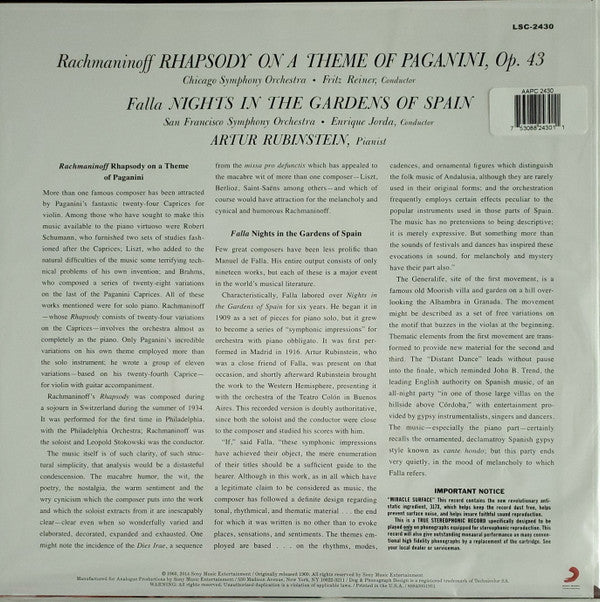 Rubinstein*, Rachmaninoff*, Chicago Symphony*, Reiner*, Falla*, San Francisco Symphony, Enrique Jorda* : Rhapsody On A Theme Of Paganini / Nights In The Gardens Of Spain (LP, Album, Ltd, RE, RM, 180)