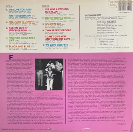 Teresa Brewer, Earl Fatha Hines* : We Love You Fats (LP, Album, Promo, RE)