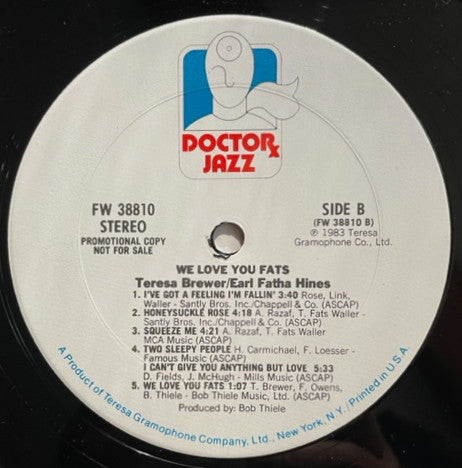 Teresa Brewer, Earl Fatha Hines* : We Love You Fats (LP, Album, Promo, RE)