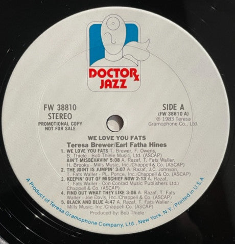 Teresa Brewer, Earl Fatha Hines* : We Love You Fats (LP, Album, Promo, RE)