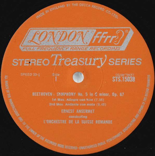 Beethoven*, L'Orchestre De La Suisse Romande, Ansermet* : Symphony No. 5 In C Minor, Opus 67 (LP, Album, RE, RP)