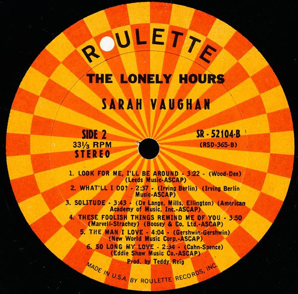 Sarah Vaughan : The Lonely Hours (LP, Album)