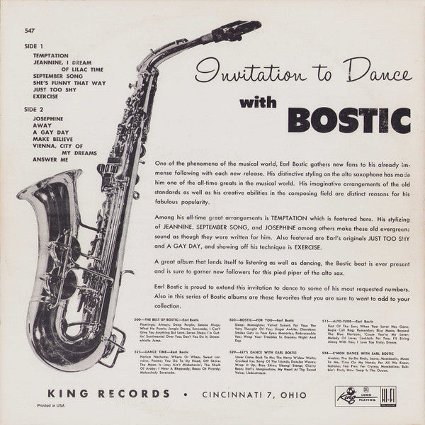 Earl Bostic : Invitation To Dance With Bostic (LP, Album, RE)