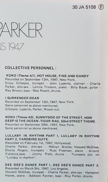 Charlie Parker : Live Sessions 1947 (LP, Comp, RE)