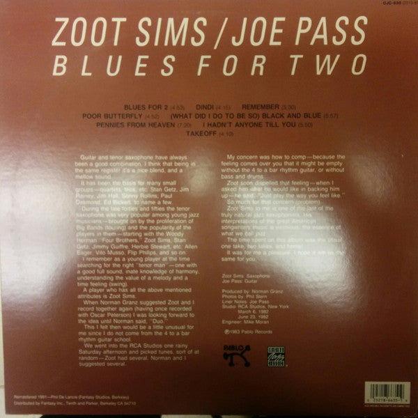 Zoot Sims Plus Joe Pass : Blues For Two (LP, Album, RE)
