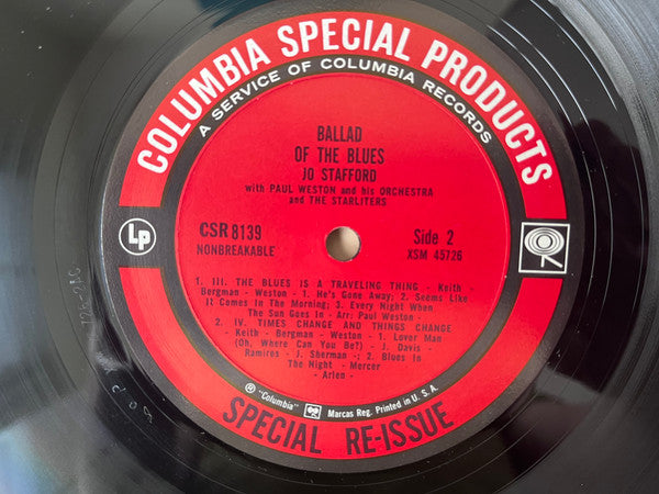 Jo Stafford With Paul Weston And His Orchestra And The Starlighters : Ballad Of The Blues (LP, Album, RE, Ter)
