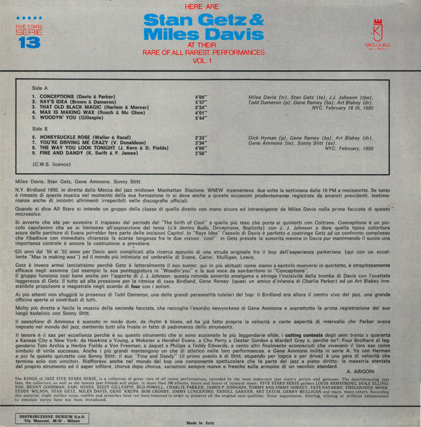 Stan Getz & Miles Davis : Here Are Stan Getz & Miles Davis At Their Rare Of All Rarest Performances Vol. 1 (LP, Comp)