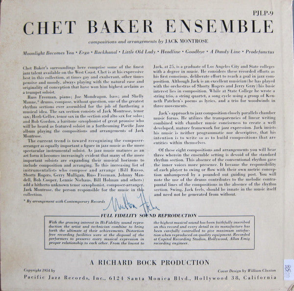 Chet Baker Ensemble : Chet Baker Ensemble (10", Album, Mono)