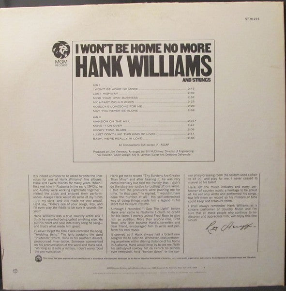 Hank Williams : I Won't Be Home No More (LP, Comp, Club)