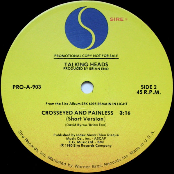 Talking Heads : Crosseyed And Painless (12", Single, Promo)
