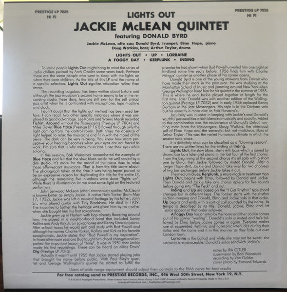 The Jackie McLean Quintet* With Donald Byrd And Elmo Hope : Lights Out! (LP, Album, Mono, Ltd, RE, RM, 200)