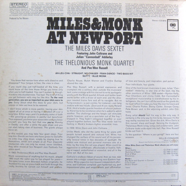 The Miles Davis Sextet & The Thelonious Monk Quartet : Miles & Monk At Newport (LP, Album, RE)